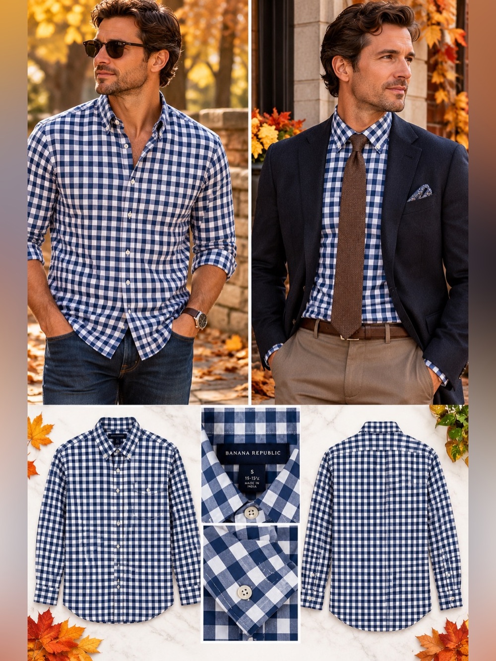BANANA REPUBLIC - Navy & White Gingham Plaid Men's Dress Shirt
